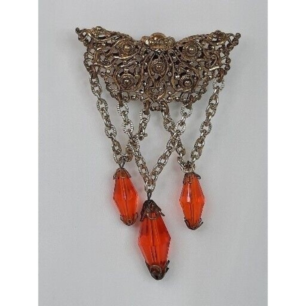 Vintage Filigree Goldtone Amber Color Bead Dangle Estate Pin Brooch